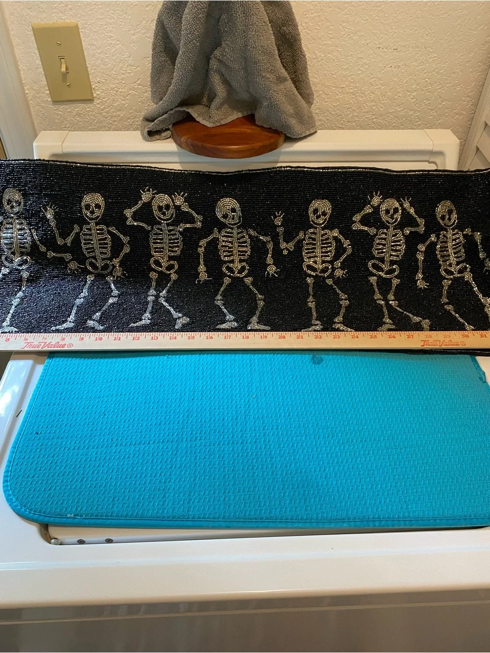 Table Runner Halloween Beaded “Dancing Skeletons” 13x36 Black/Sliver NWT